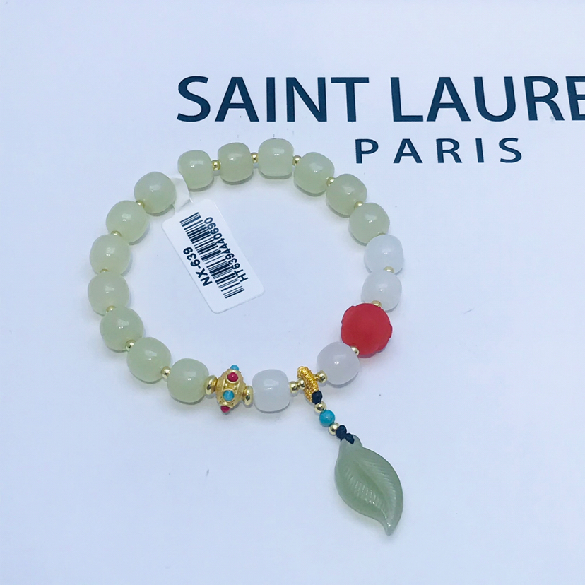 天然和田青玉手链 搭配碧玉树叶吊坠 铜体镀14K真金 送礼首选