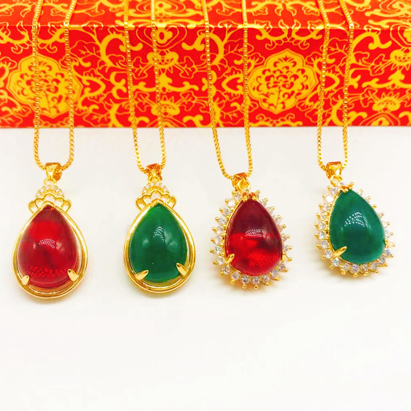 传承古法工艺镀24k黄金越南沙金吊坠 仿红玛瑙绿玉髓金镶玉项链女