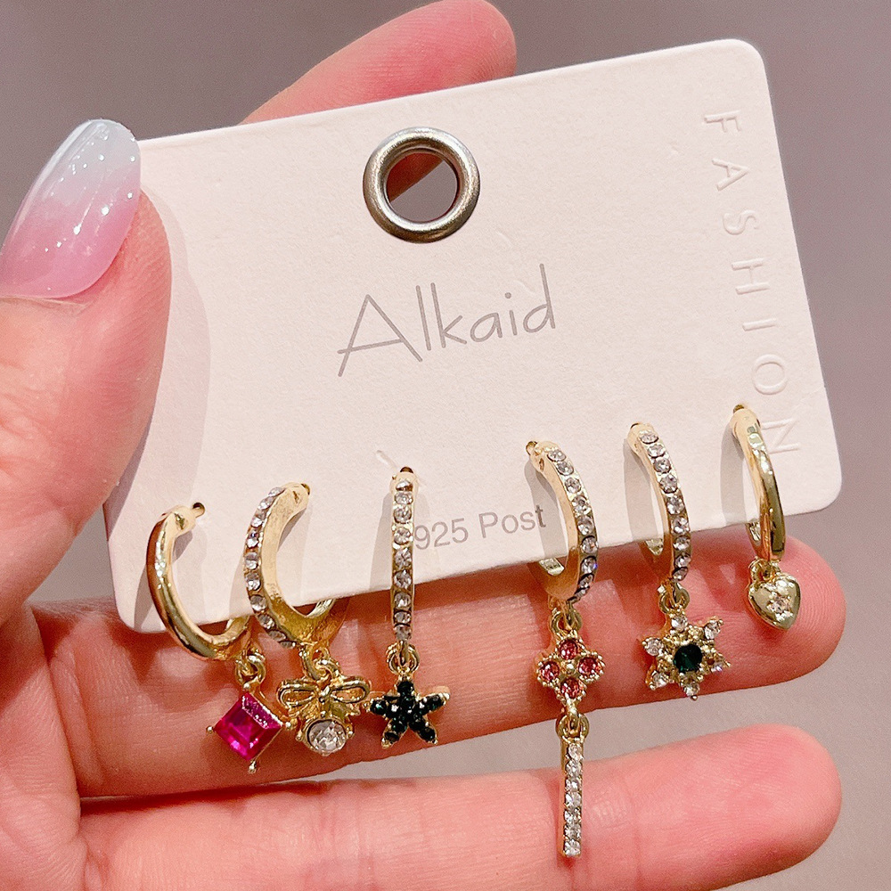 工厂批发跨境饰品6只波西米亚花朵爱心星星合金镶水钻几何型耳环