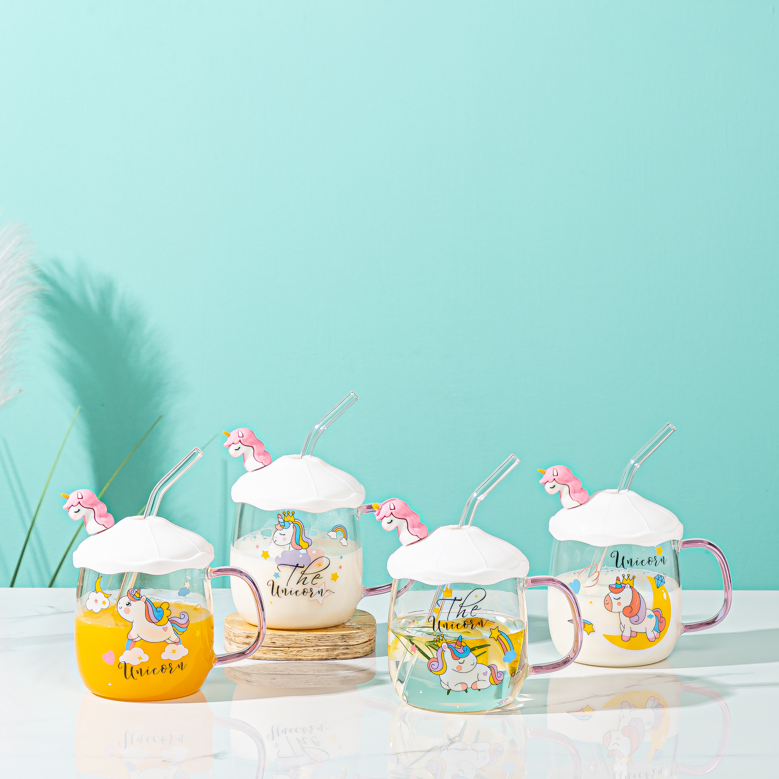 独角兽卡通玻璃杯可爱透明马克杯带把创意咖啡杯个性吸管水杯