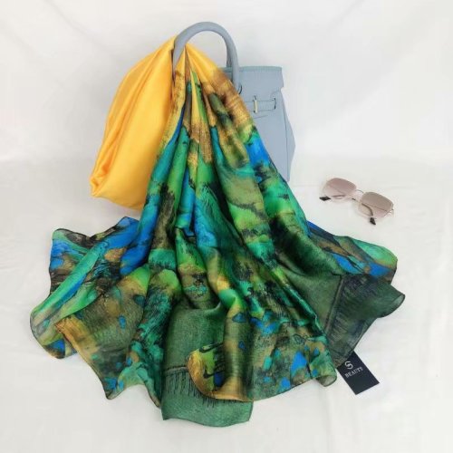 summer new qianli jiangshan oil painting printing scarf for women all-match ethnic style satin scarf sunscreen scarf customization