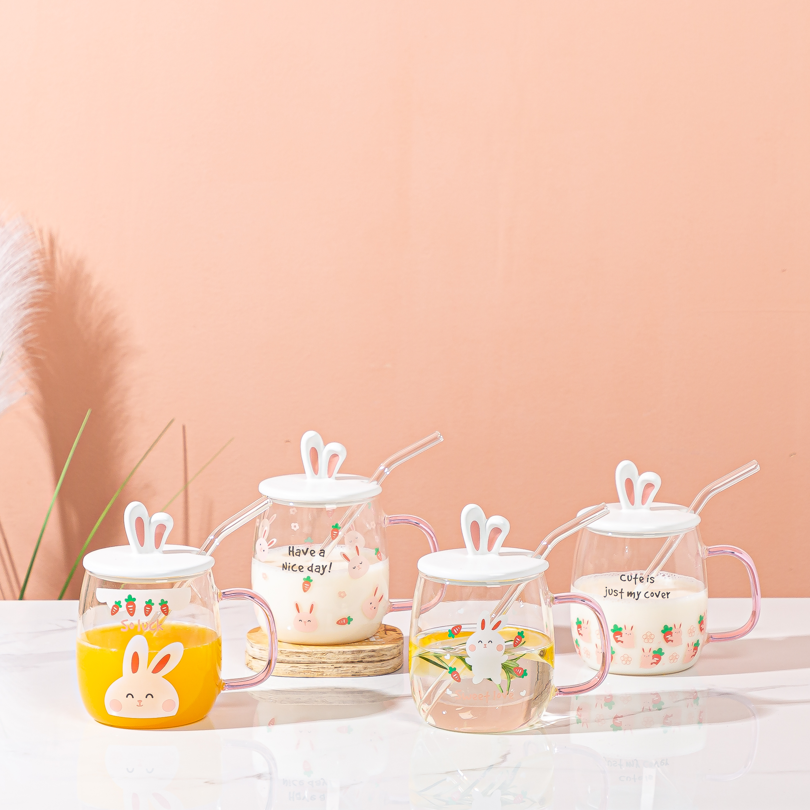 兔子杯子女可爱少女玻璃杯带把水杯耐热透明杯家用早餐咖啡杯