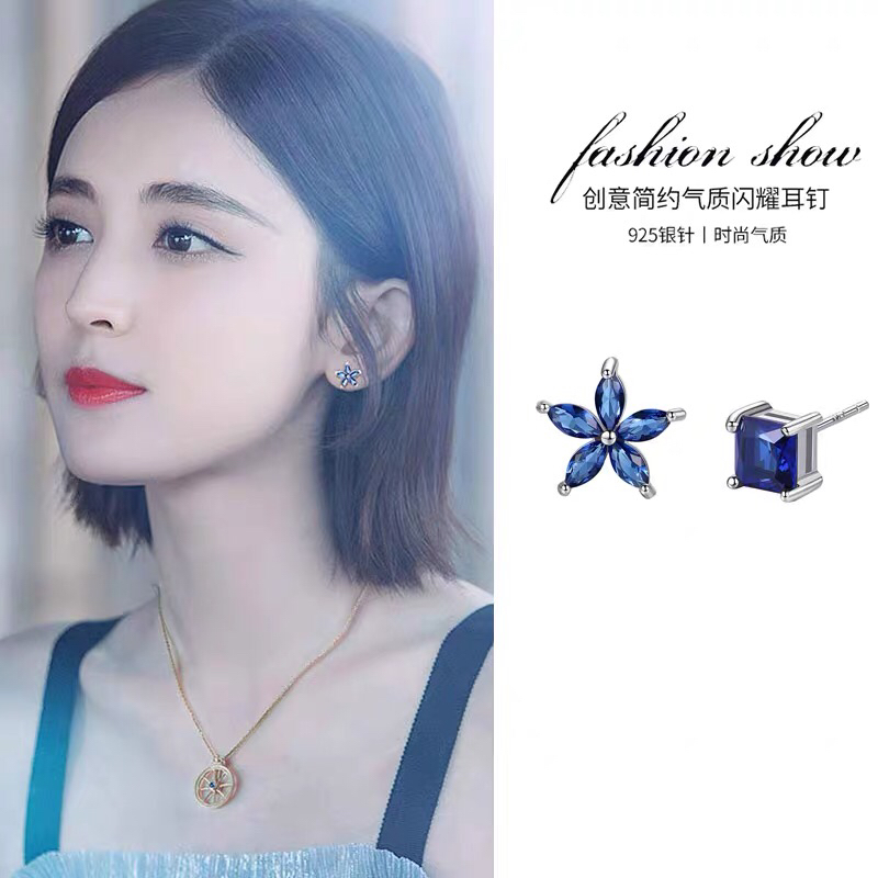 不对称耳钉女花朵蓝水晶2021年新款潮耳环纯银气质网红冷淡风耳饰