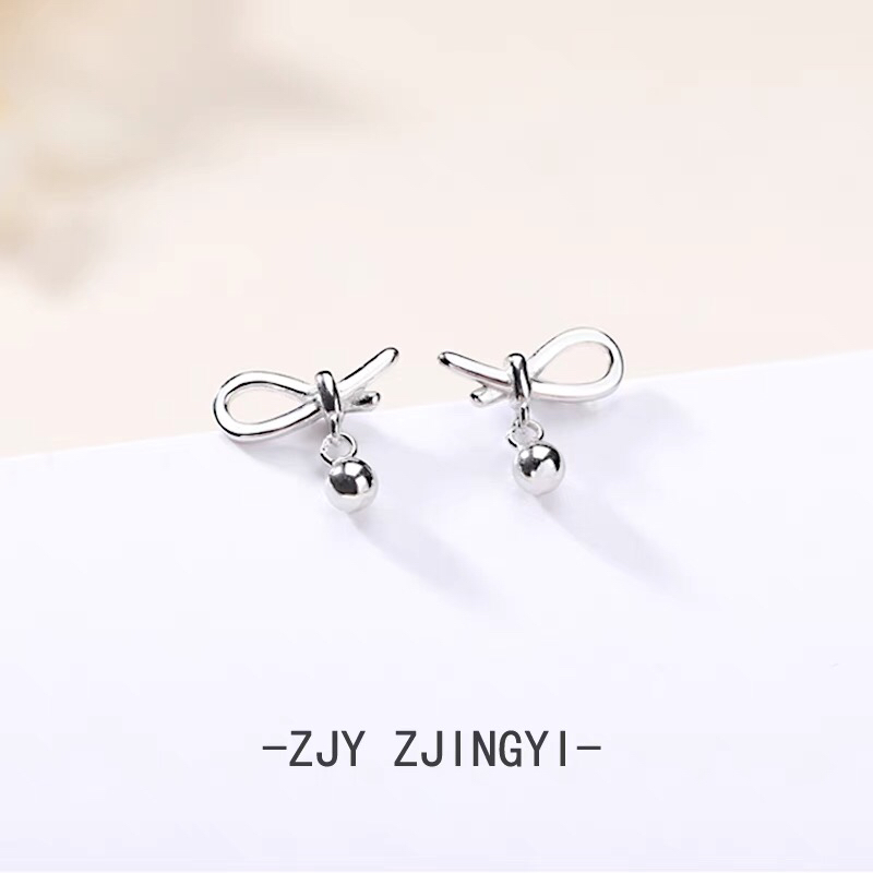 S925通体纯银森系蝴蝶结光珠耳钉简约百搭少女心可爱风耳饰