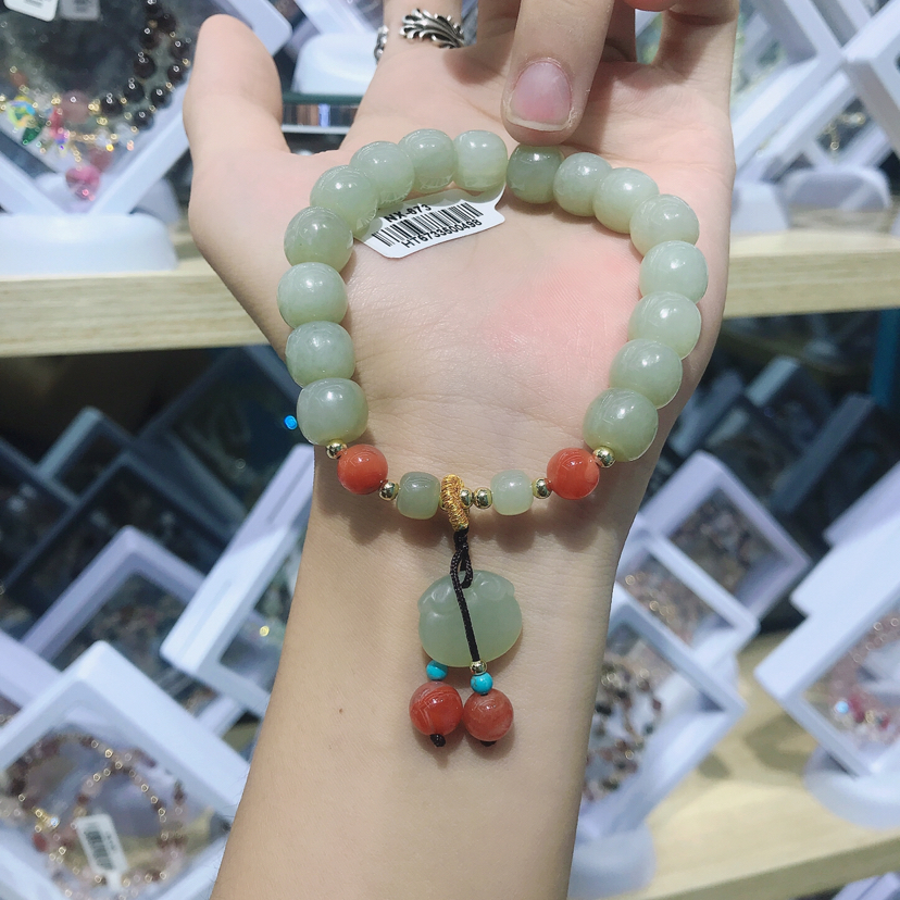 天然和田玉 南红如意锁吊坠手链 铜体镀14K真金 自然色清新典雅