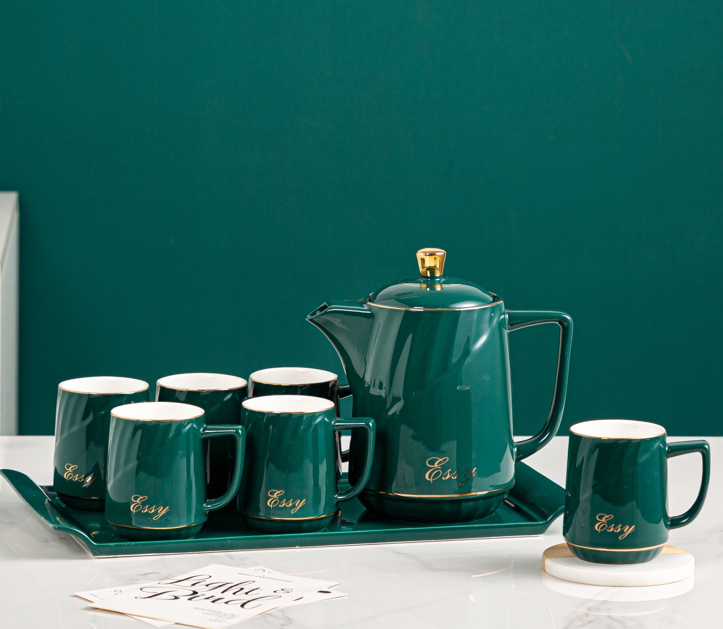 创意 金边咖啡杯陶瓷水具套装 下午茶具托盘 家用水壶水杯