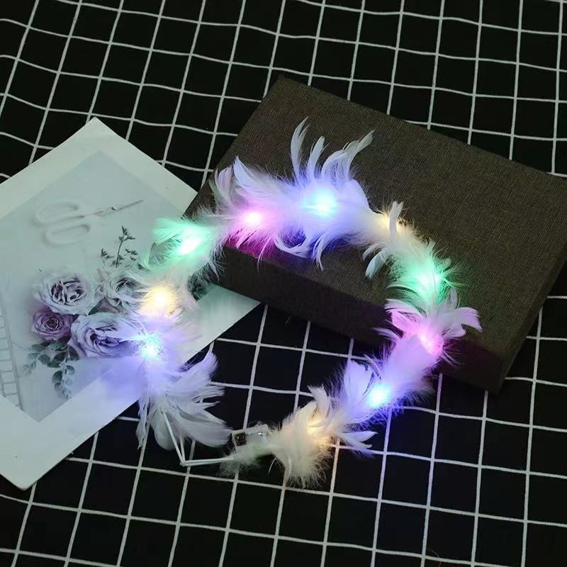 夜市网红仙女花环LED羽毛花环闪光天使鹅毛花环头饰发光地摊货源