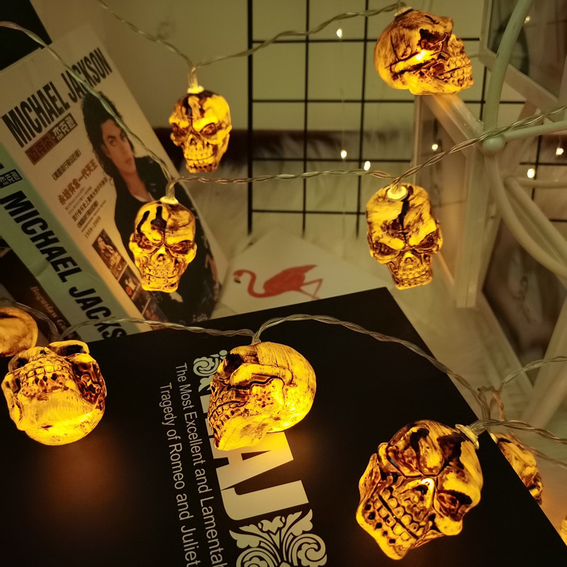 新款出口万圣节日派对灯串亚马逊LED彩灯恐怖氛围骷髅头串灯装饰