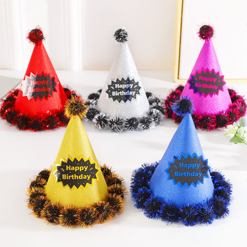 factory wholesale adult children‘s glitter birthday hat fur hat cake decoration birthday party supplies fur hat