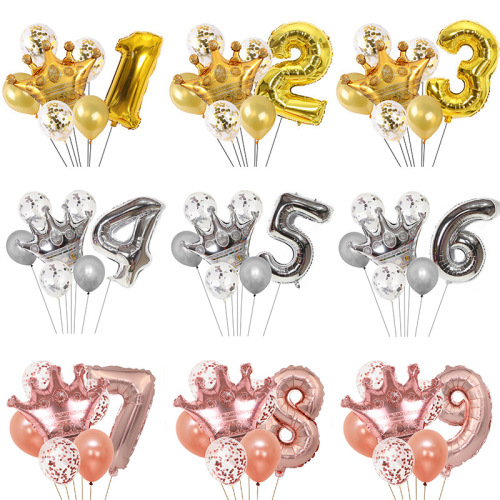 cross-border wholesale gold crown digital balloon set year-old baby children‘s birthday party decoration balloon