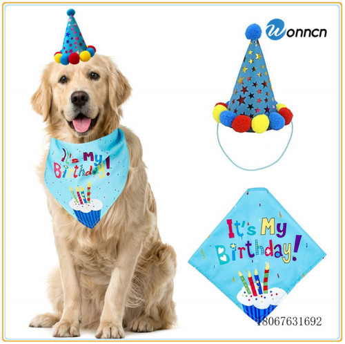 dog birthday decoration two-piece set birthday hat saliva triangle towel customizable cross-border foreign trade packaging