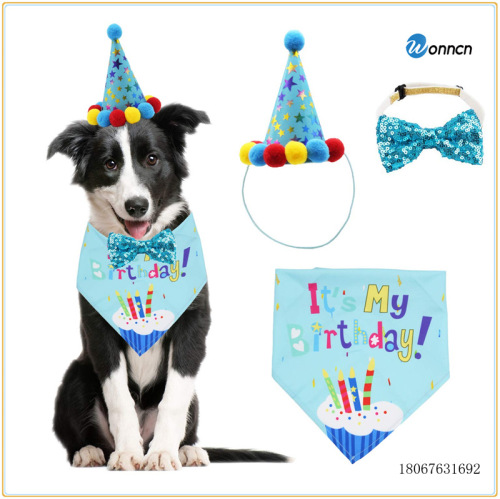 Pet Cat and Dog Birthday Decoration Suit Birthday Hat around Triangle Scarf Butterfly Sequin Bow Tie Party Cross-Border Manufacturers 