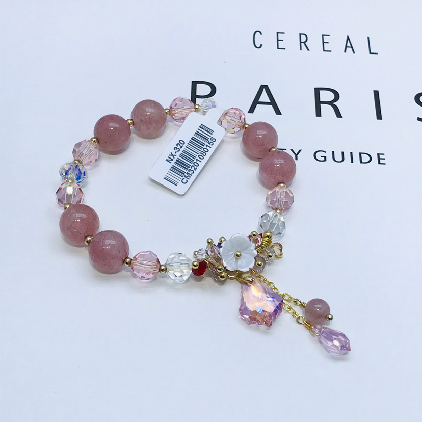 天然草莓晶 贝壳花水晶手链 铜体镀14K真金 可招桃花 招财