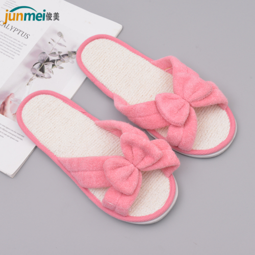[Junmei] Bowknot Linen Texture Slippers Women‘s Japanese-Style Home Four Seasons Home Non-Slip Indoor Slippers