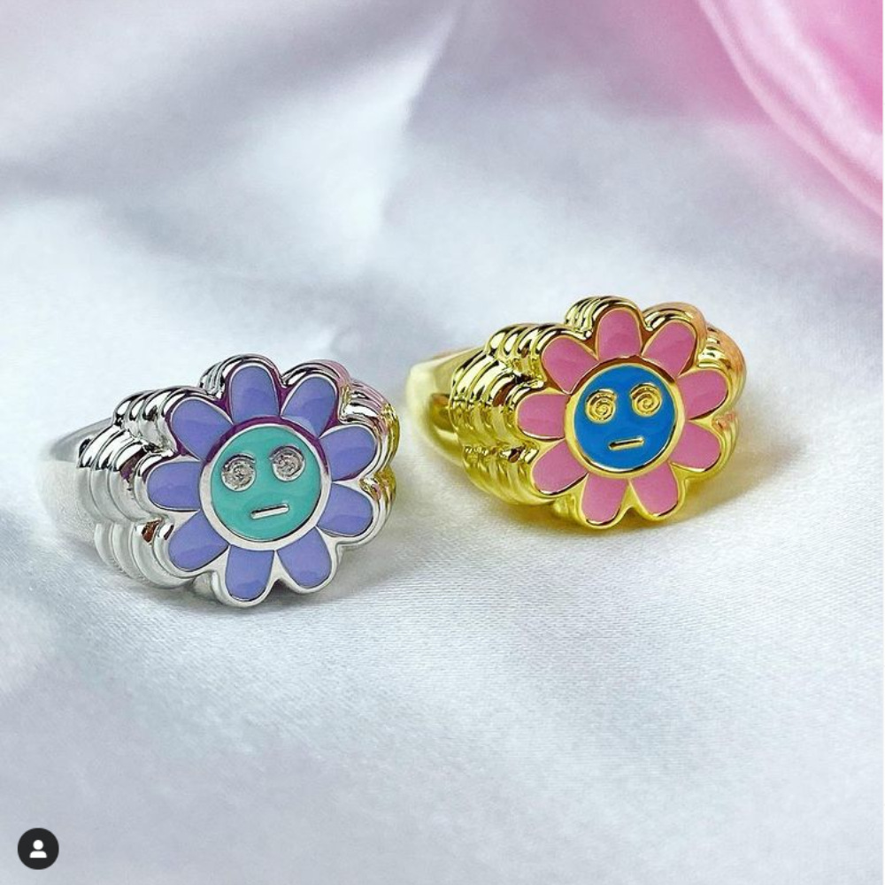 Ins风新款太阳花滴油指环 黄铜镀金保色可爱笑脸戒指现货