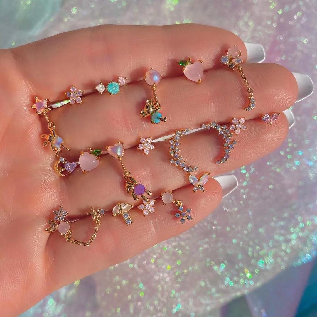 2021夏季新款锆石耳钉 18K金保色饰品少女可爱耳环ins风