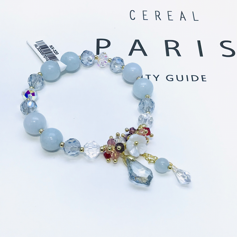 天然海蓝宝 原创设计贝壳花吊坠手链 铜体镀14K真金 开运礼物