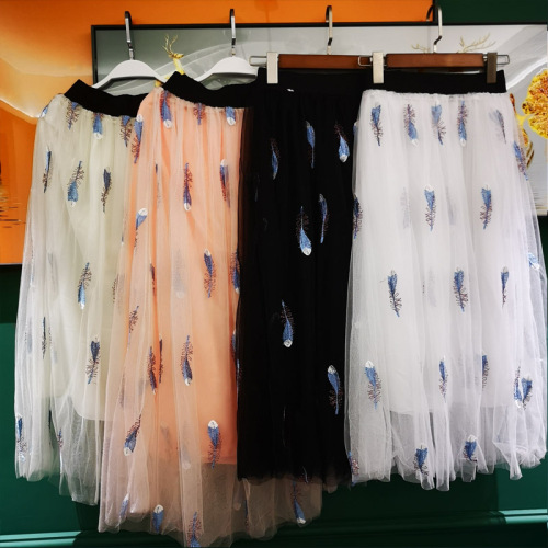 feather embroidered gauze skirt long a- line high waist new temperament student multi-layer pleated puffy gauze skirt slim fit
