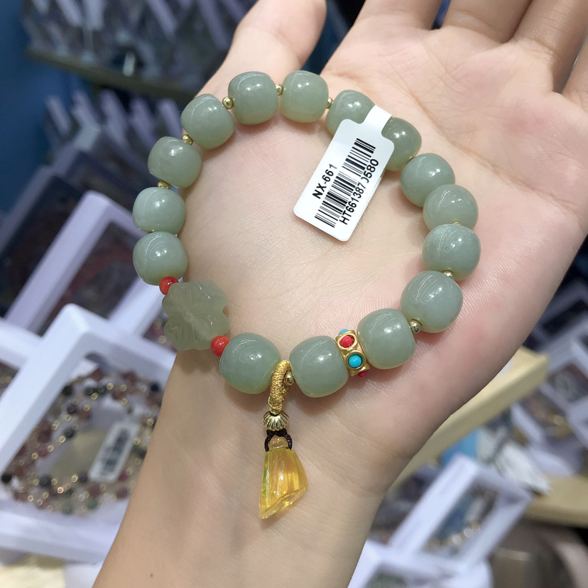 新品和田玉手串女款老型珠 金珀莲藕吊坠手链 镶嵌14K小珠子