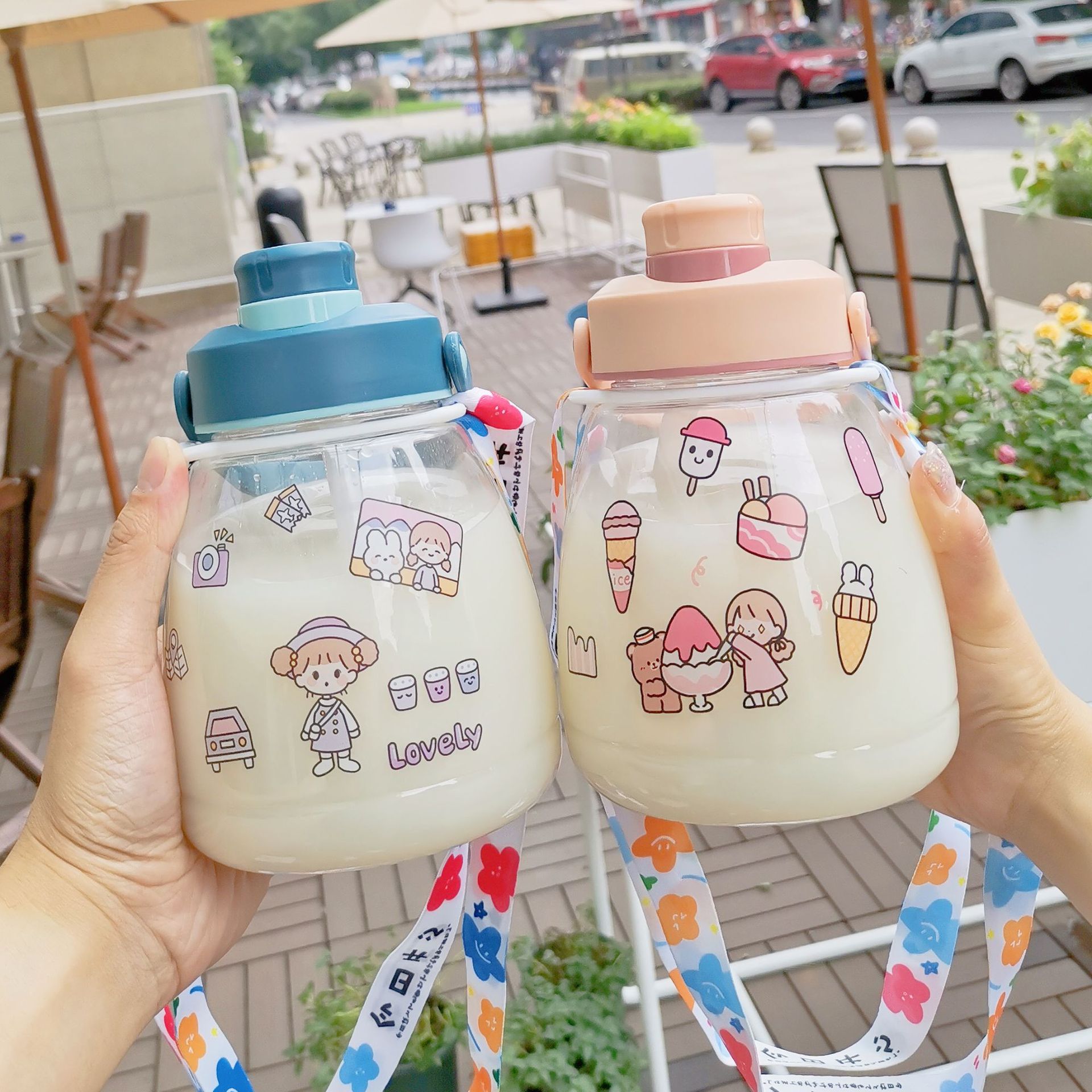 新款大肚水杯女夏季大容量可爱贴纸吸管网红塑料杯子学生潮流防摔