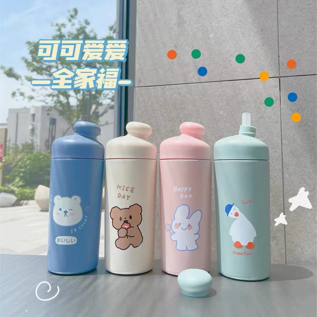 新款高颜值吸管保温水杯可爱少女心学生不锈钢水杯便携卡通礼品杯