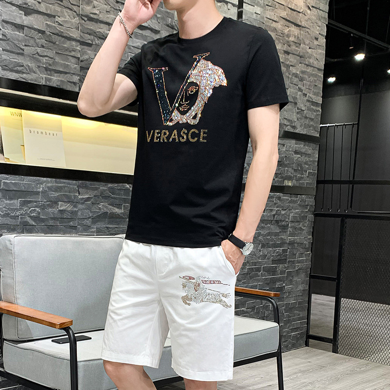 新款男装一套搭配帅气潮牌烫钻男短袖T恤休闲运动大码夏季套装男