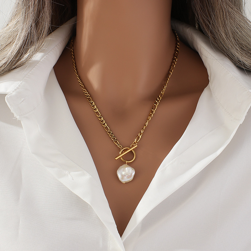 跨境欧美嘻哈项链女巴洛克天然珍珠吊坠潮流不锈钢镀真金锁骨链