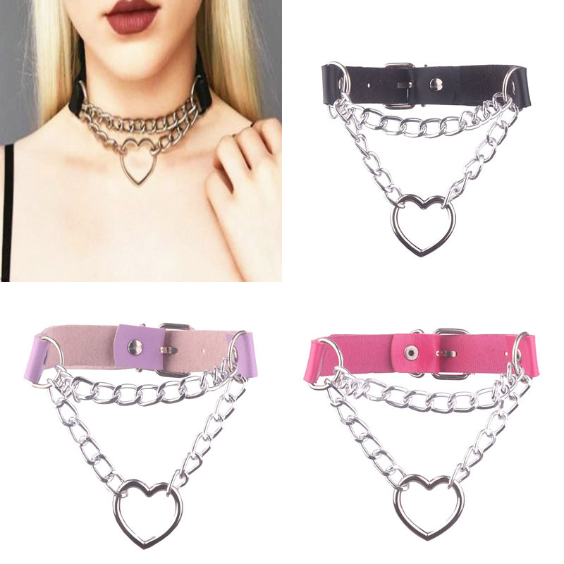 欧美热销爱心吊坠项链项圈日韩原宿性感皮质双层链条颈链锁骨链