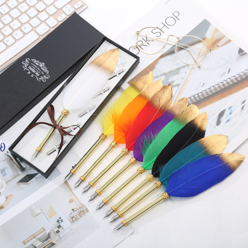 simple gold spray feather pen gift box creative student feather pen stationery gift metal feather water pen