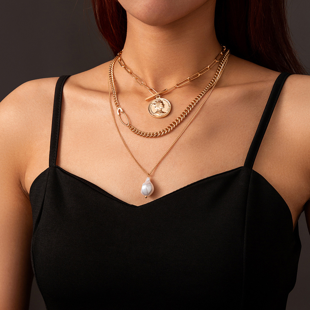 欧美跨境潮流饰品 ins热销复古人像多层项链仿巴洛克珍珠别针颈链