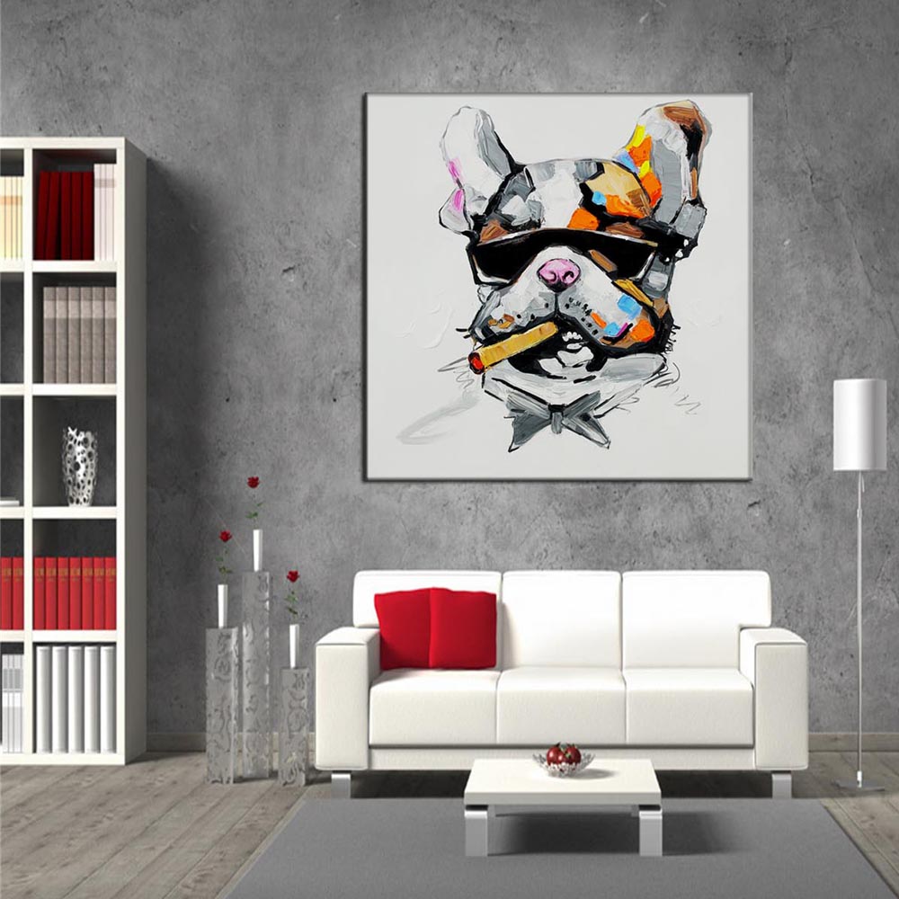 抽烟狗客厅装饰沙发背景墙北欧风格办公室挂画壁画100*100加黑框