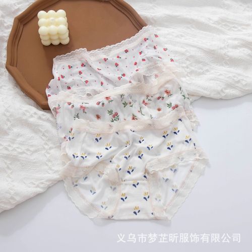summer small clear fruit printed mesh breathable japanese sweet and comfortable mid-waist cotton crotch girl briefs