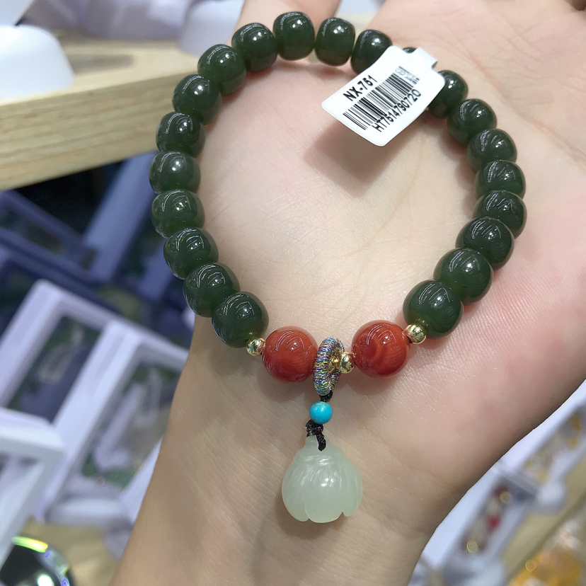 天然新疆和田玉手串 青绿色南红守护神手链女 小众珠宝玉饰