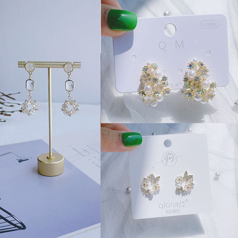 中长款质感耳环设计ins淑女日韩贝母花蝴蝶玻璃银针耳钉气质可爱