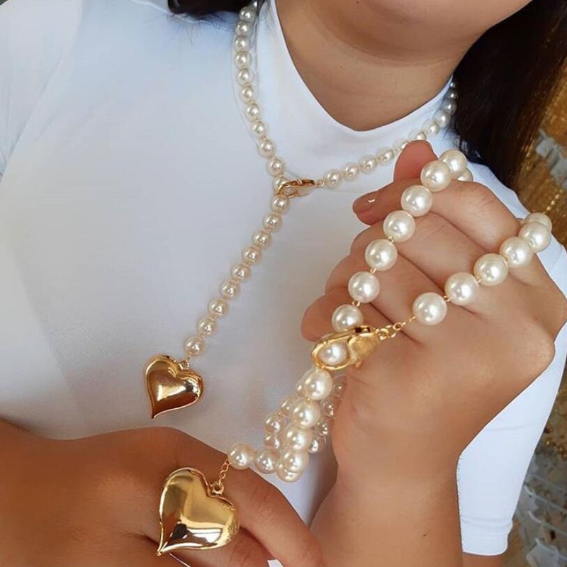 欧美跨境饰品 简约珍珠爱心项链女 个性创意百搭毛衣链锁骨链N773