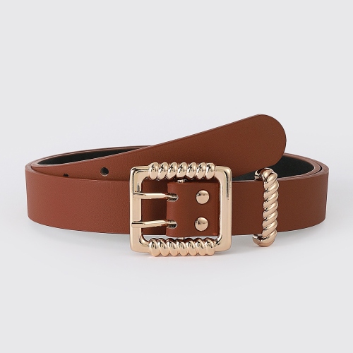Internet Celebrity Double Needle Square Buckle round Buckle Flat All-Match Fashion Men‘s and Women‘s Universal Belt Belt Pu