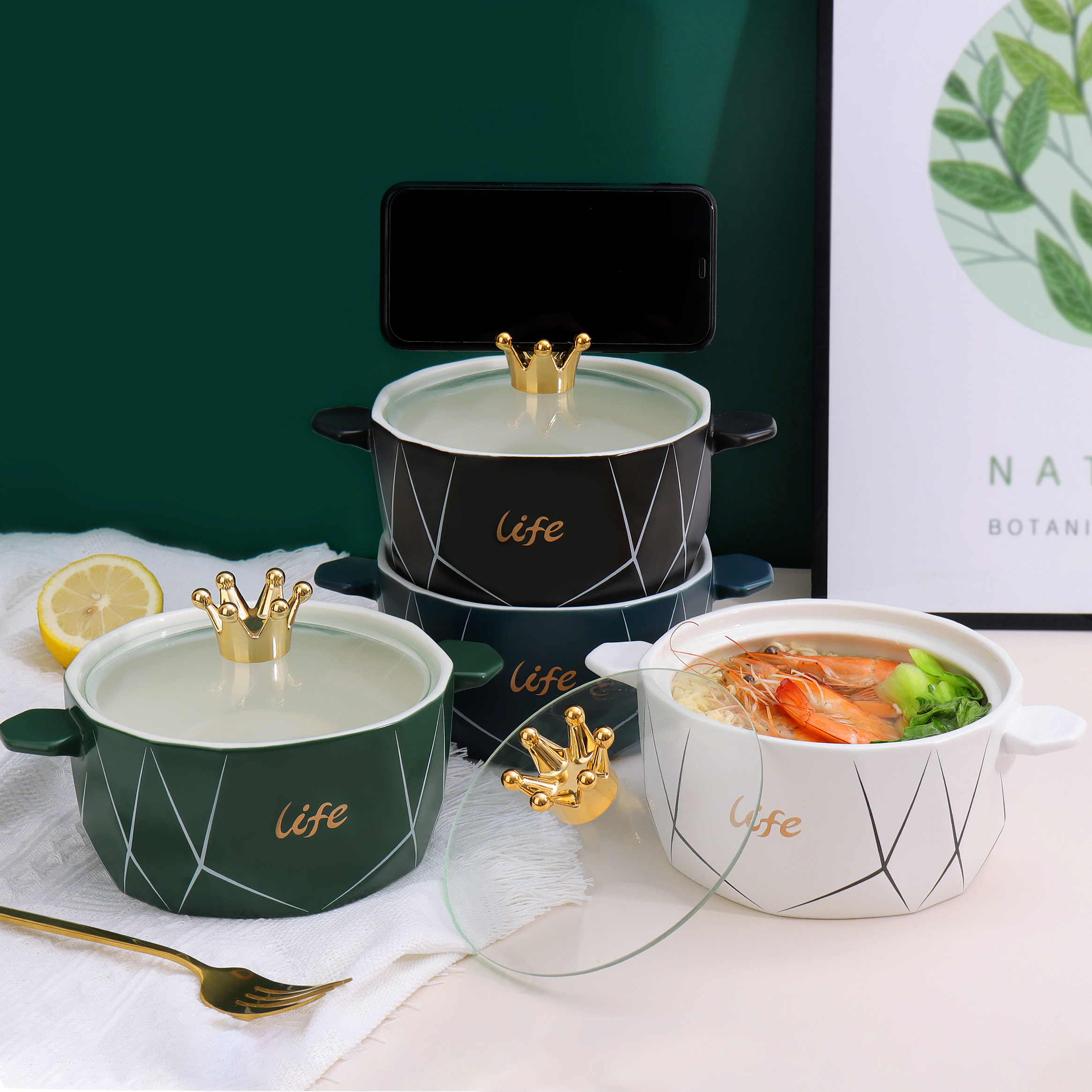 皇冠泡面碗带盖陶瓷煲剧家用学生宿舍创意北欧餐具一人食双耳汤碗