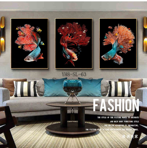 living room decorative painting modern minimalist atmospheric mural rich fish triple painting light luxury sofa background wall hanging painting