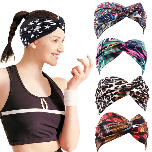 european and american women‘s bohemian style new elastic cross sports hair band amazon supply wide-brimmed face scarf