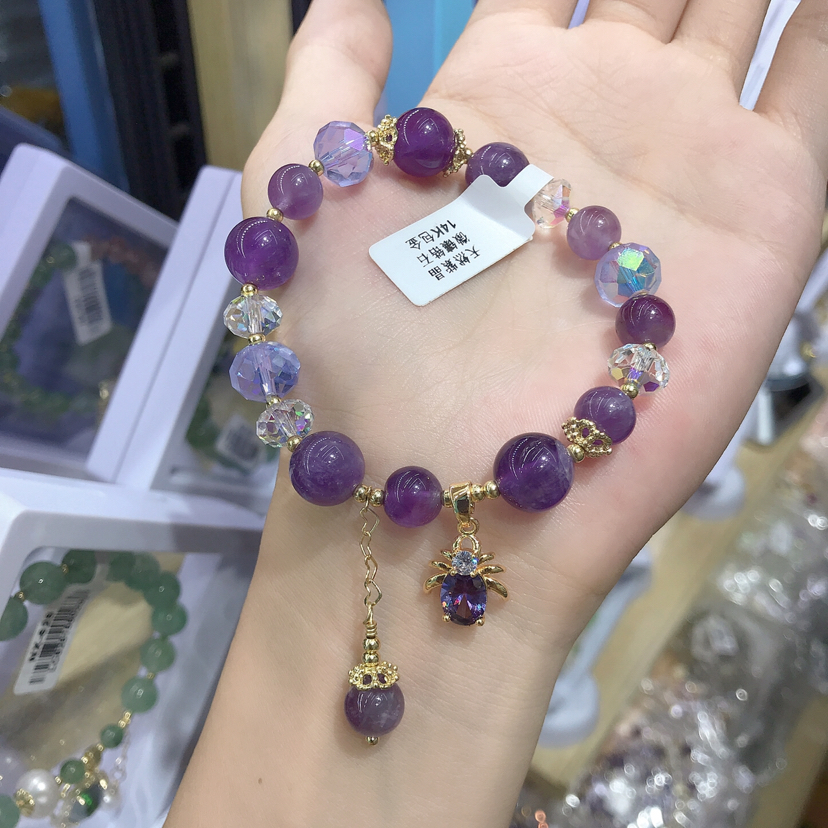 天然石紫水晶手链 铜体镀14K真金 个性蜘蛛吊坠手串 直播热销款