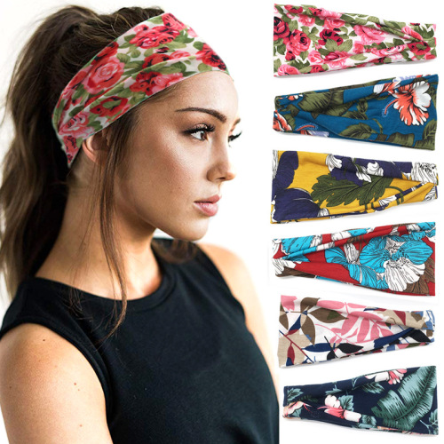 european and american new printed sports headband yoga hair band sweat-absorbing band antiperspirant women‘s wide-brimmed headscarf spot wholesale