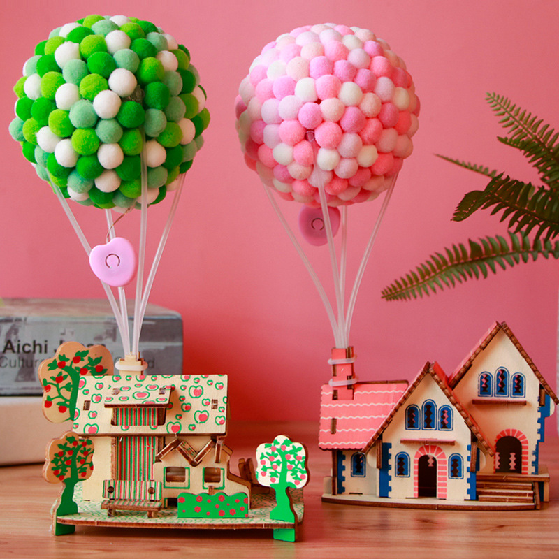 儿童益智diy飞屋发光热汽球 木质房子拼装材料包手工创意地摊玩具