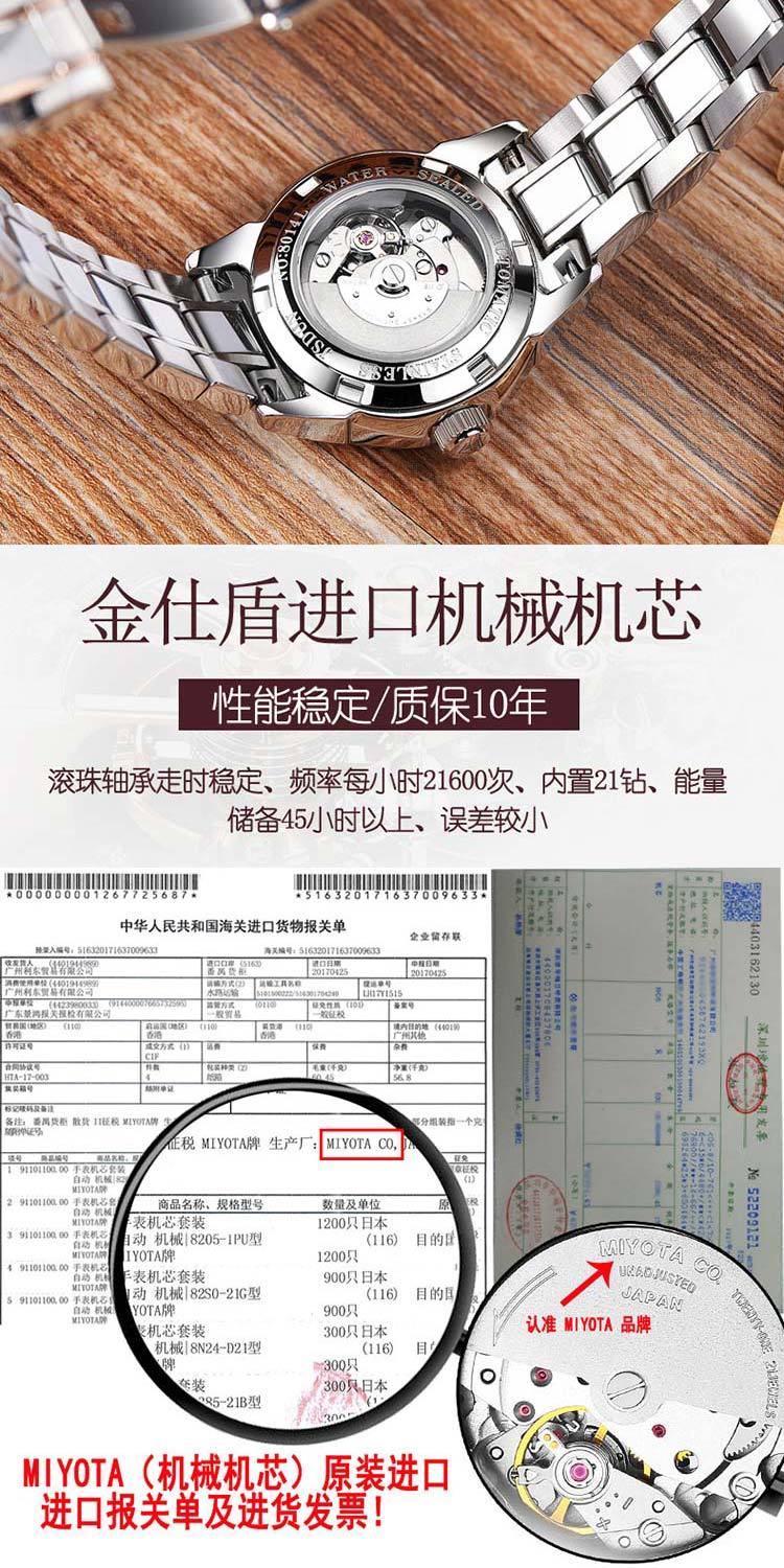 金仕盾品牌手表厂家批发双日历深度防水全自动机械表钨钢男士手表详情4