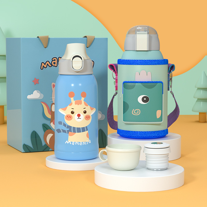 新款316不锈钢儿童保温杯卡通包包背带真空水杯礼品学生便携水壶