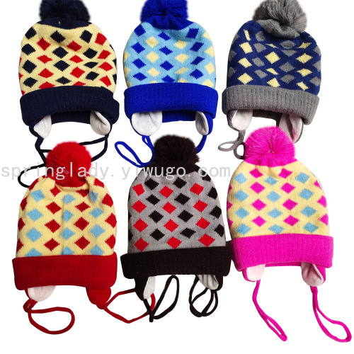 Spring Lady Boys and Girls plus Velvet Jacquard Knitted Hat Baby Split Ear Protection Hat Wool Hat Children‘s Hat