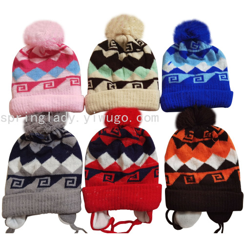 spring lady boys and girls plus velvet jacquard knitted hat baby split ear protection hat wool hat children‘s hat