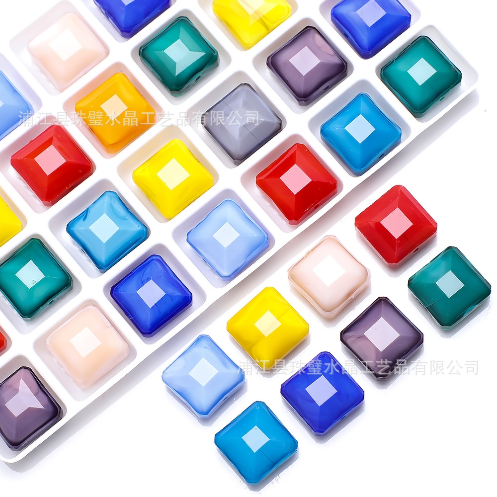 新款14MM正方珠瓷玉料四方水晶中孔吊坠 DIY服装珠帘饰品散珠配件