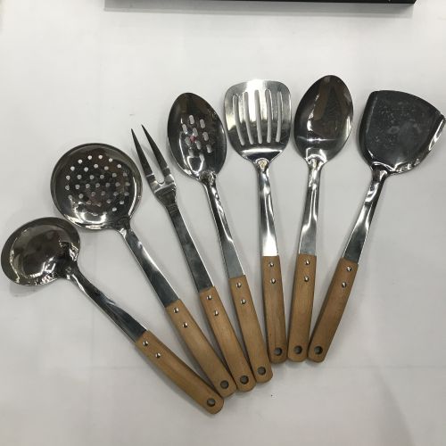 [huilin] stainless steel kitchenware non-magnetic curved handle white wooden handle anti-scald colander spatula flat shovel leaking long tongue spoon