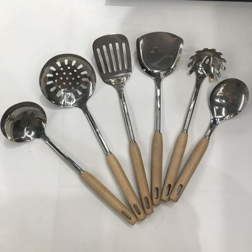 [huilin] stainless steel non-magnetic anti-scald round wooden handle porridge colander spatula flat shovel leaking long tongue spoon short rice spoon