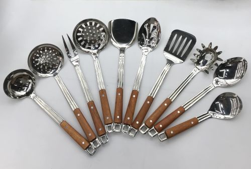 [huilin] stainless steel kitchenware non-magnetic anti-scald wooden handle linear porridge colander spatula flat shovel long tongue spoon